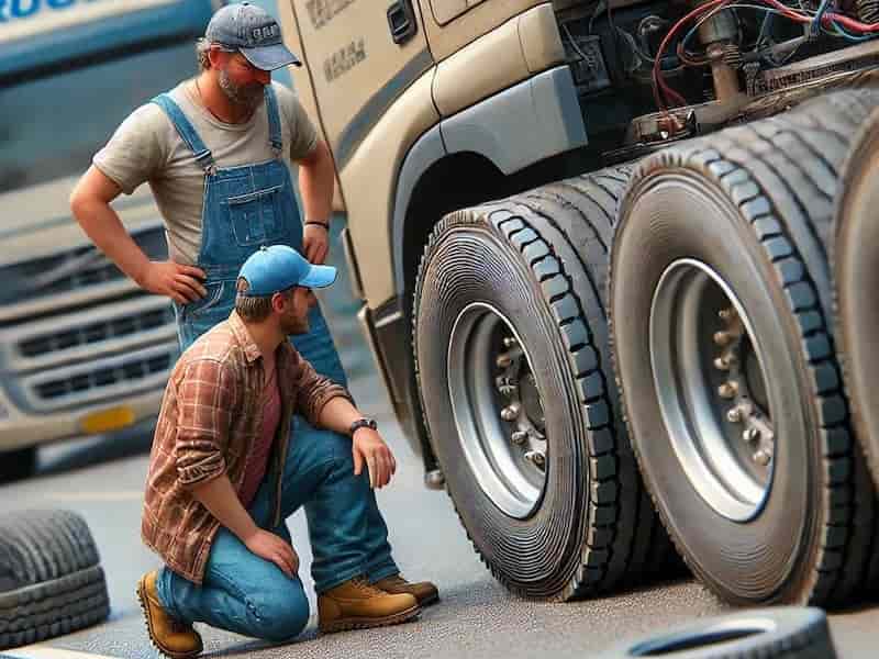 Dos camioneros revisan ruedas de un camion